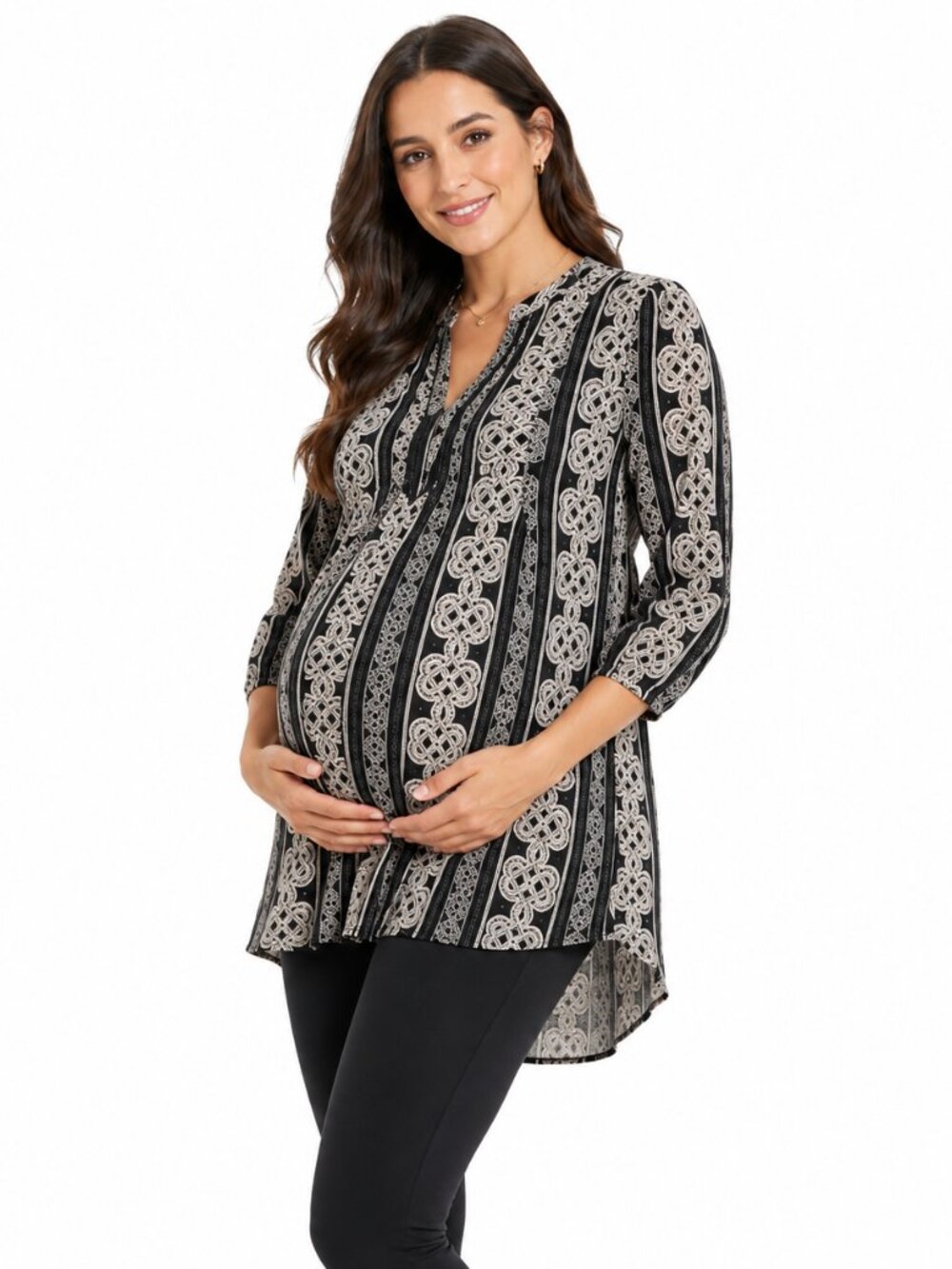 2/$20 Jade Maternity Black Gray Print Tunic Top 3/4 Sleeve Boho Sz M